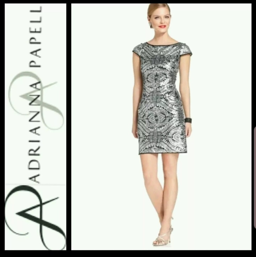 Adrianna Papell Baroque Silver Sequin Dress 10